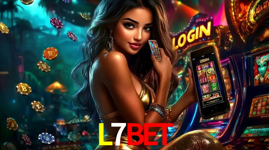Mulher em um cenário de cassino temático de aventura, mostrando o app de caça-níqueis da L7BET no celular. Fichas de apostas flutuam ao redor.