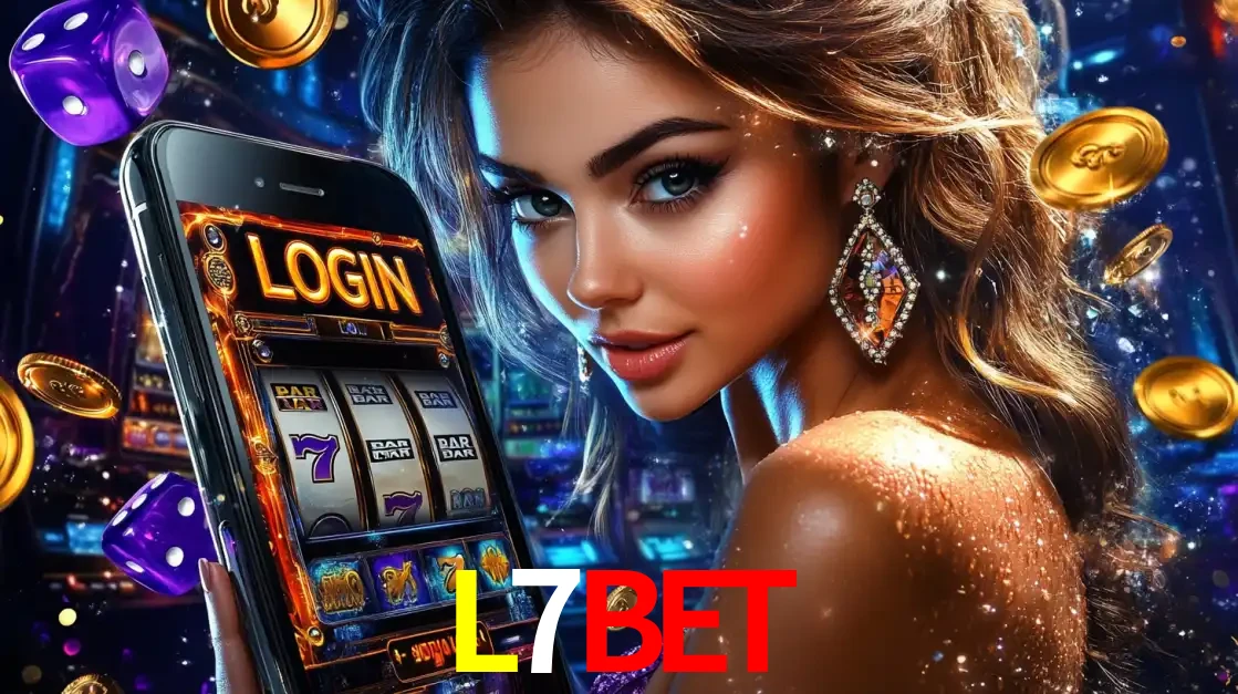 Mulher glamorosa segurando um smartphone com a tela de login para os jogos de caça-níqueis do cassino online L7BET, com moedas de ouro e dados ao redor.