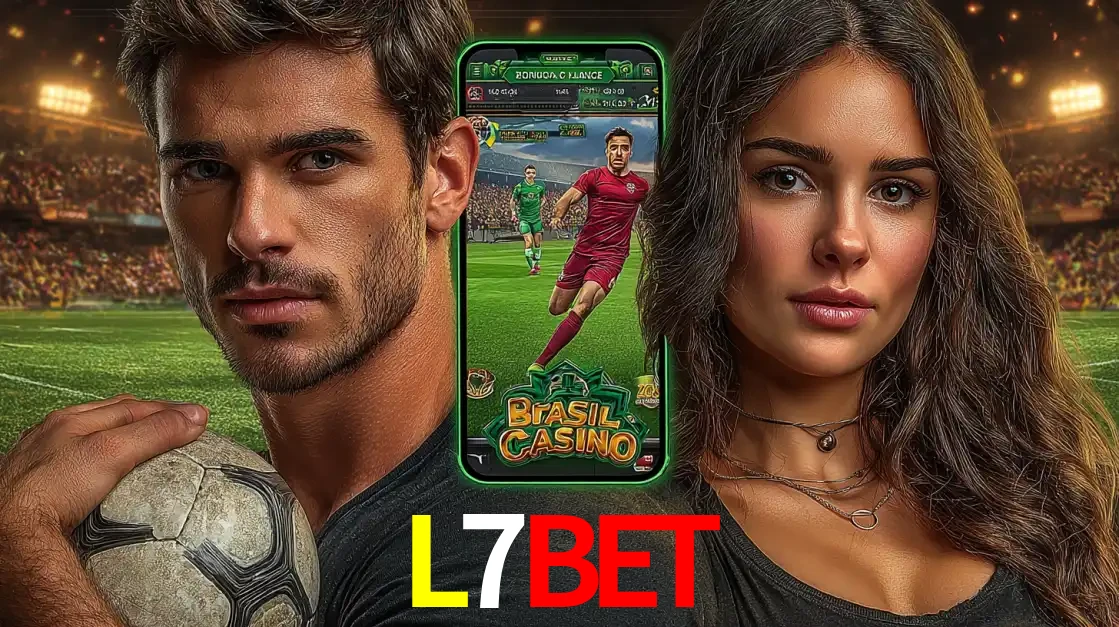 Homem segurando uma bola de futebol e uma mulher ao lado de um smartphone exibindo o jogo de apostas esportivas da L7BET. Faça seu palpite no cassino online.